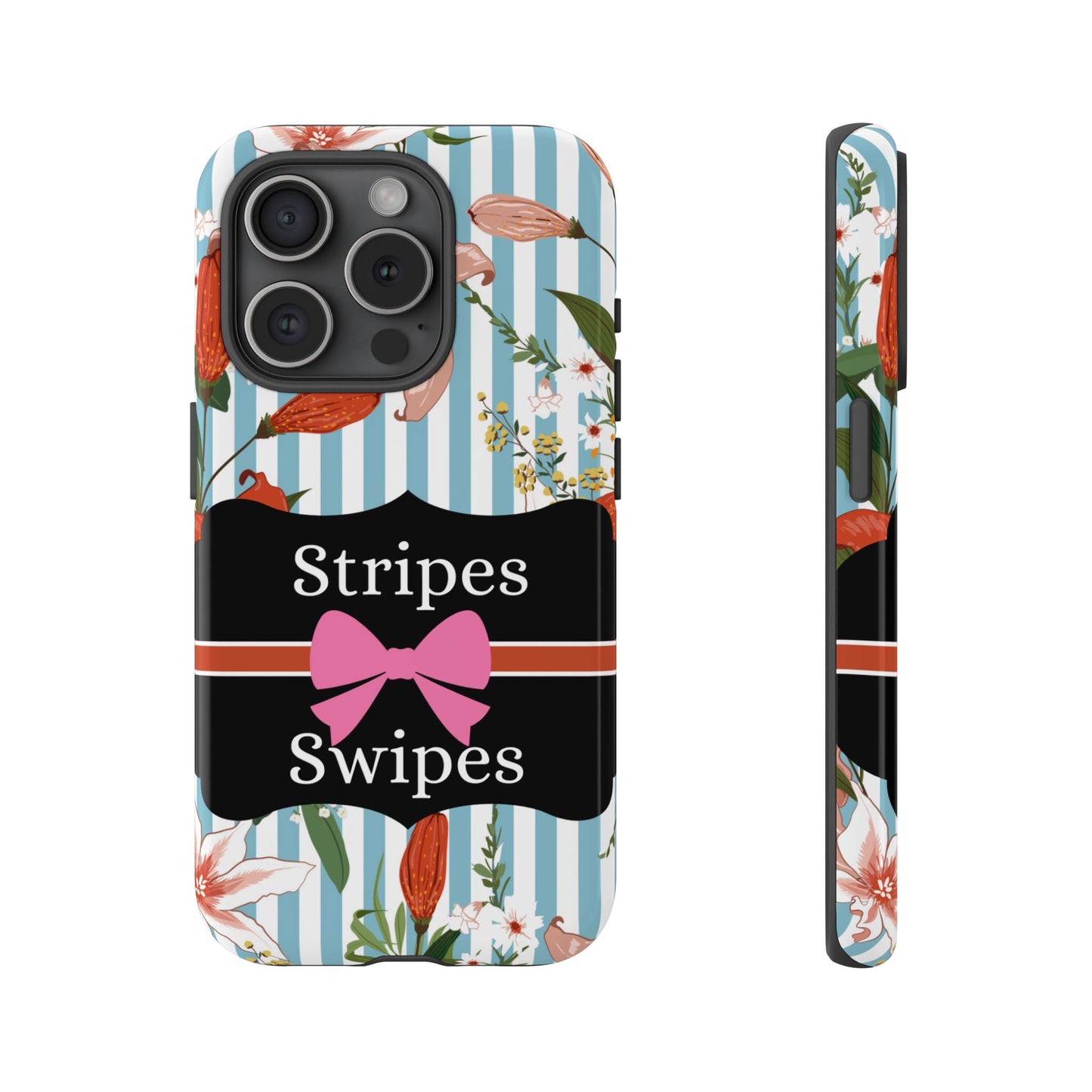 Phone Case iPhone 16/15/14 - Blue/White Flowers Stripes & Swipes Tough Case