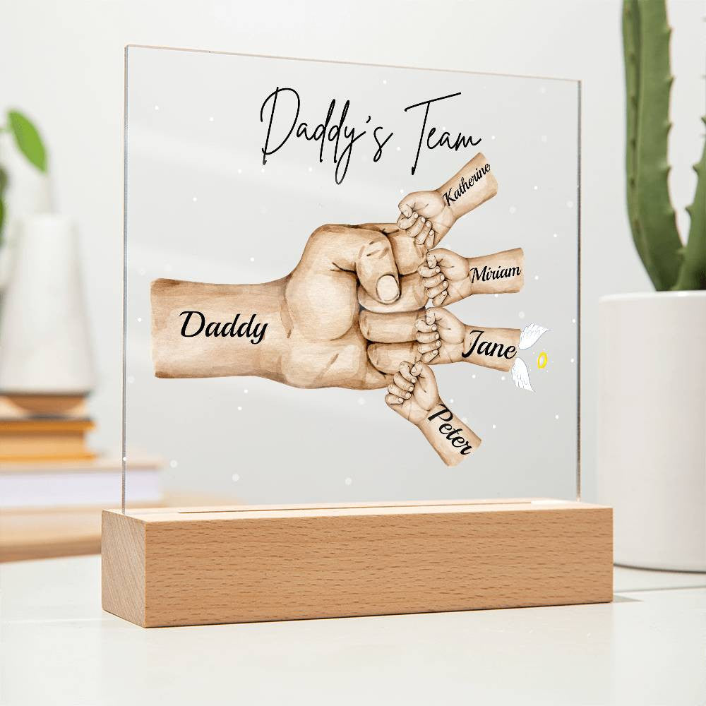 Personalized Daddy's Team Square Acrylic Plaque with Wooden Base or LED Light