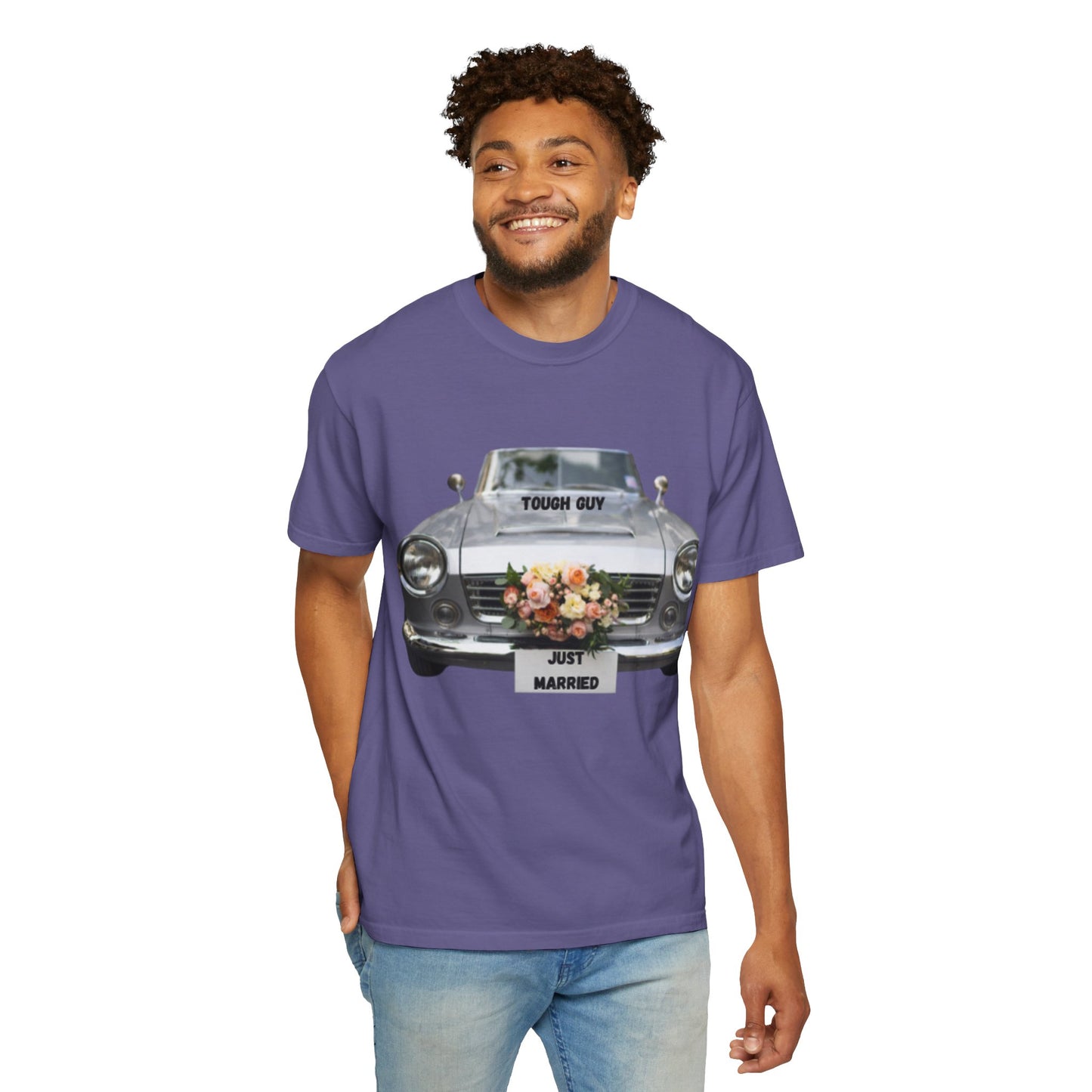 Men's T-Shirt Tough Guy Car with Just Married Flowers Design