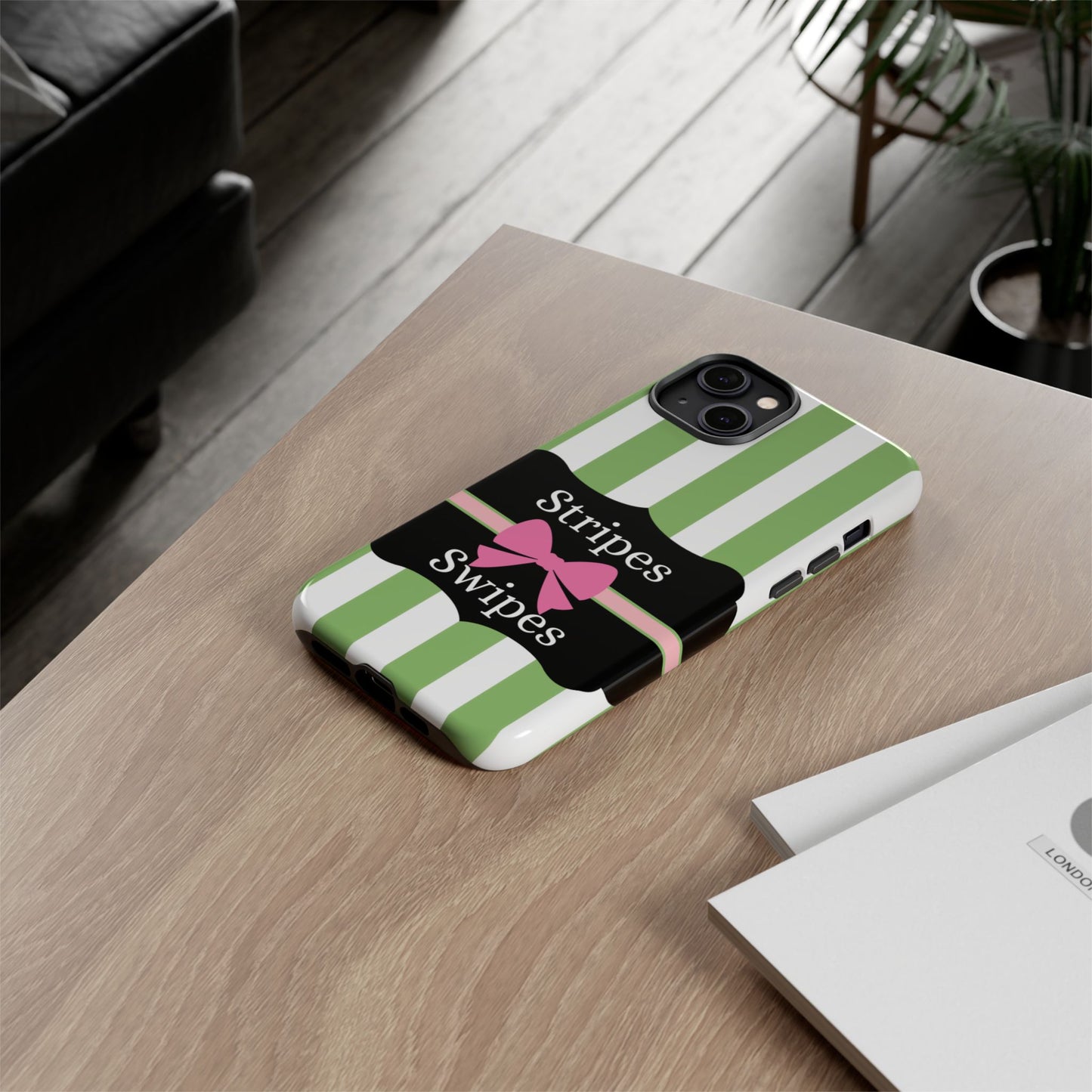 Phone Case iPhone 16/15/14 - Green/White Stripes & Swipes Tough Case