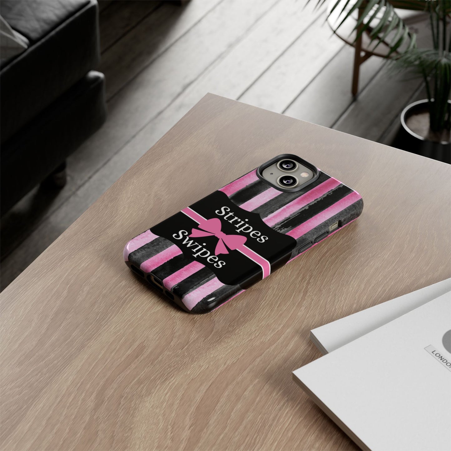 Phone Case iPhone 16/15/14 - Black/Pink Stripes & Swipes Tough Case