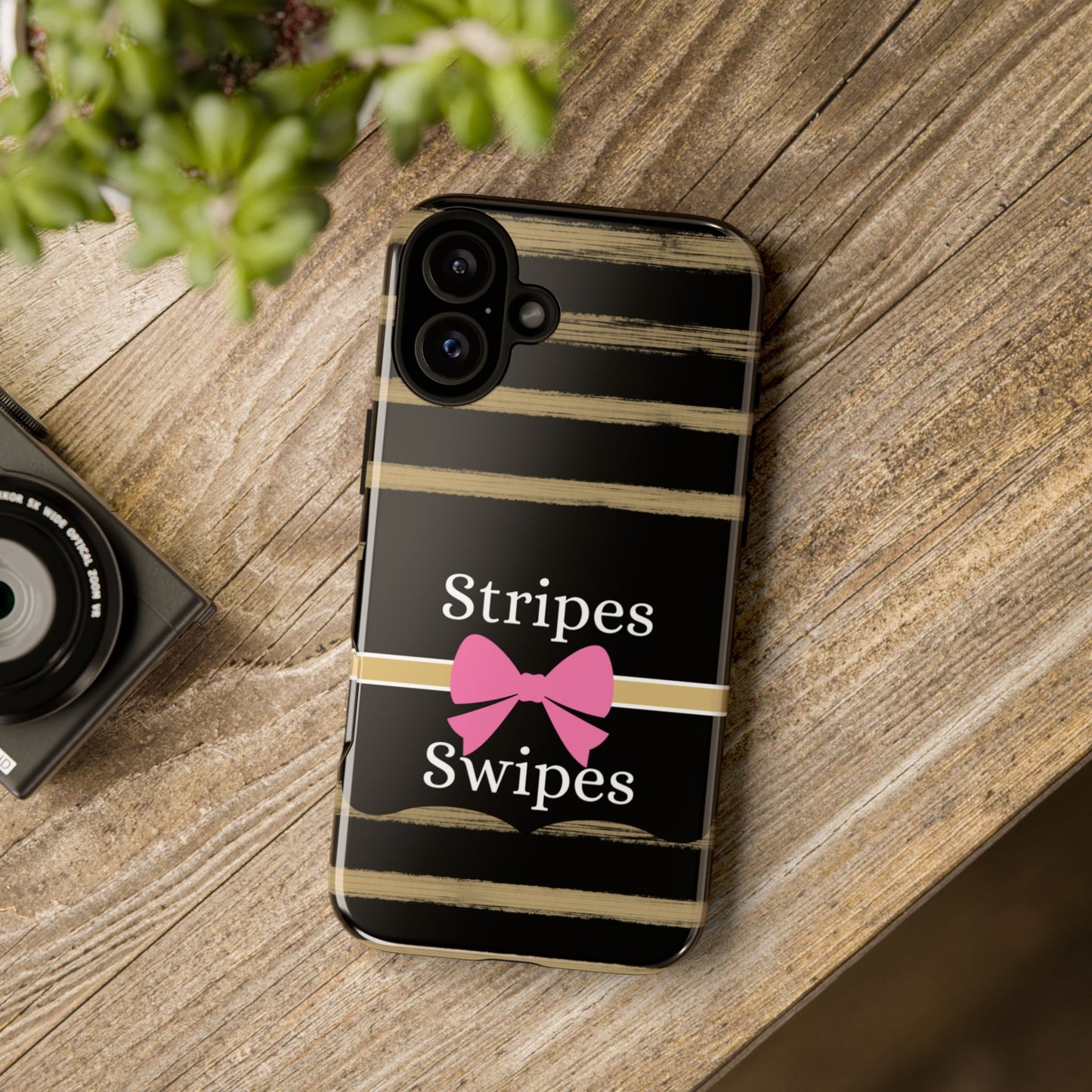 Phone Case iPhone 16/15/14 - Black/Beige Stripes & Swipes Tough Case