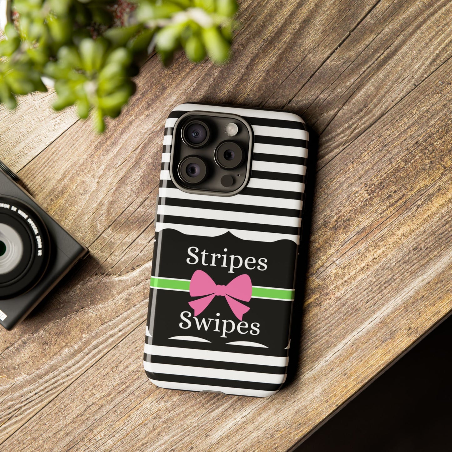 Phone Case iPhone 16/15/14 - Black/White/Green Stripes & Swipes Tough Case