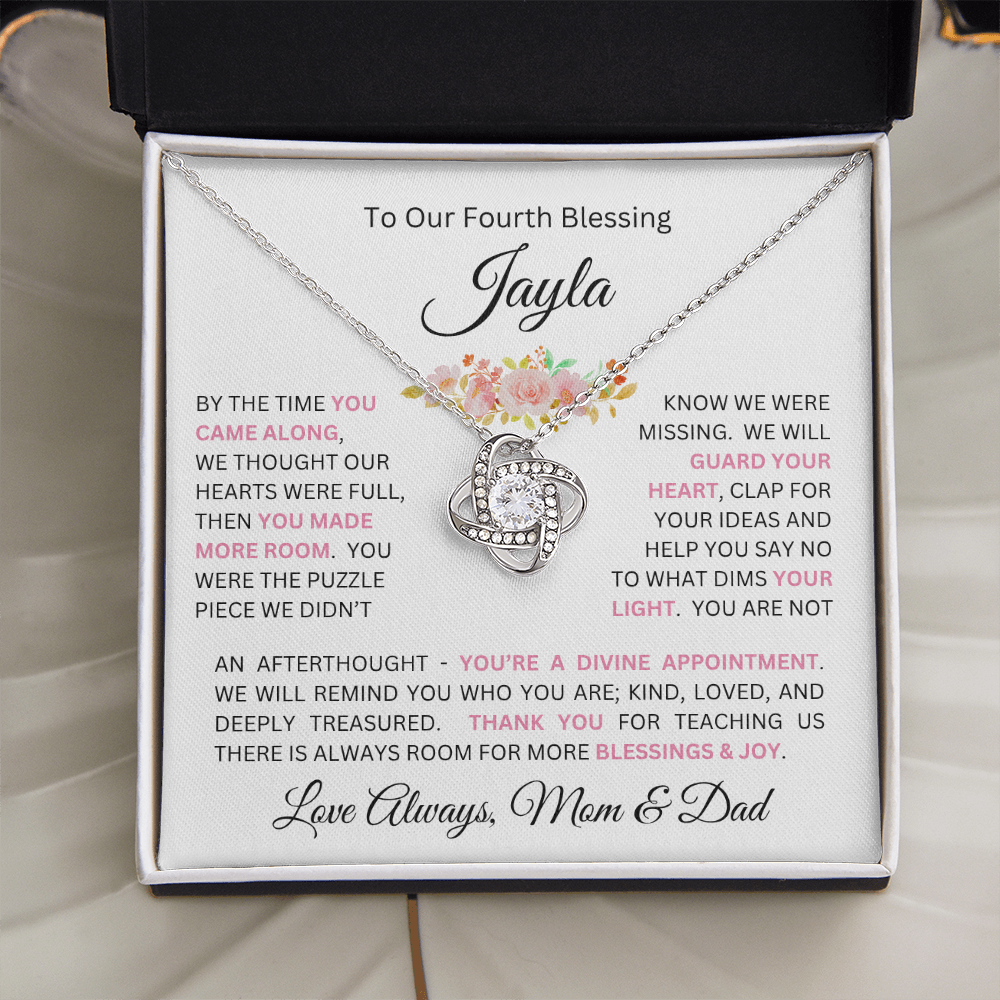 To Our Daughter(s) — Beautiful Love Knot Necklace & PERSONALIZED Heartwarming Message from Mom & Dad (Only, First-Born, Second, Third, Fourth, Fifth, or Twins)