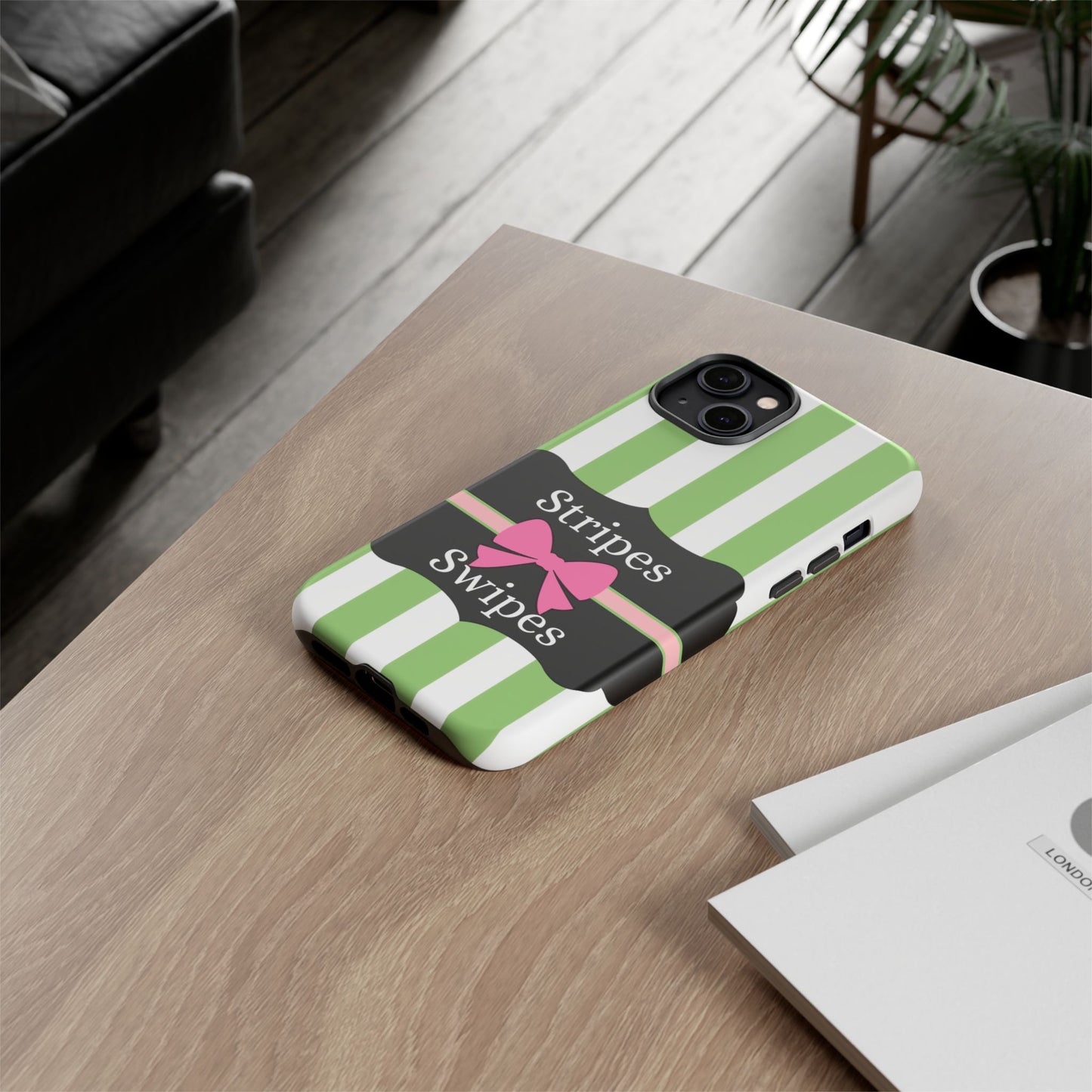 Phone Case iPhone 16/15/14 - Green/White Stripes & Swipes Tough Case