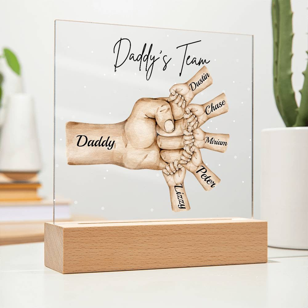 Personalized Daddy's Team Square Acrylic Plaque with Wooden Base or LED Light