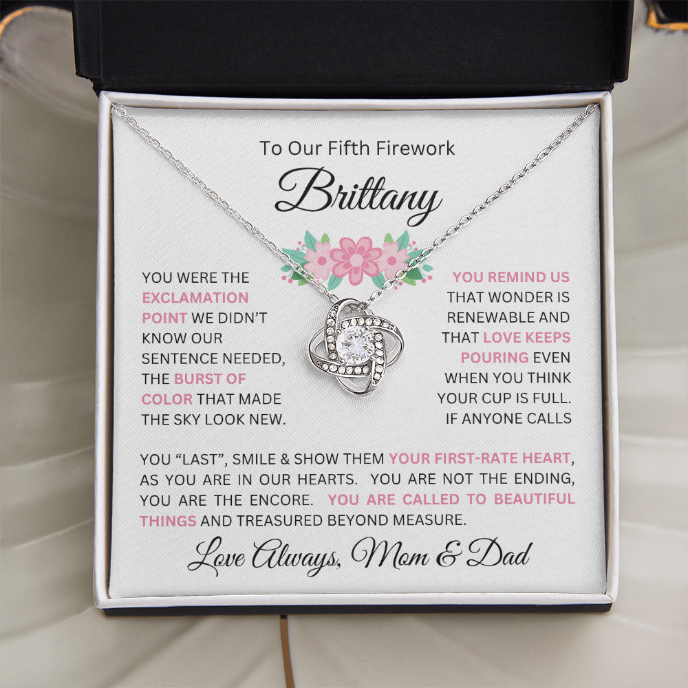 To Our Daughter(s) — Beautiful Love Knot Necklace & PERSONALIZED Heartwarming Message from Mom & Dad (Only, First-Born, Second, Third, Fourth, Fifth, or Twins)