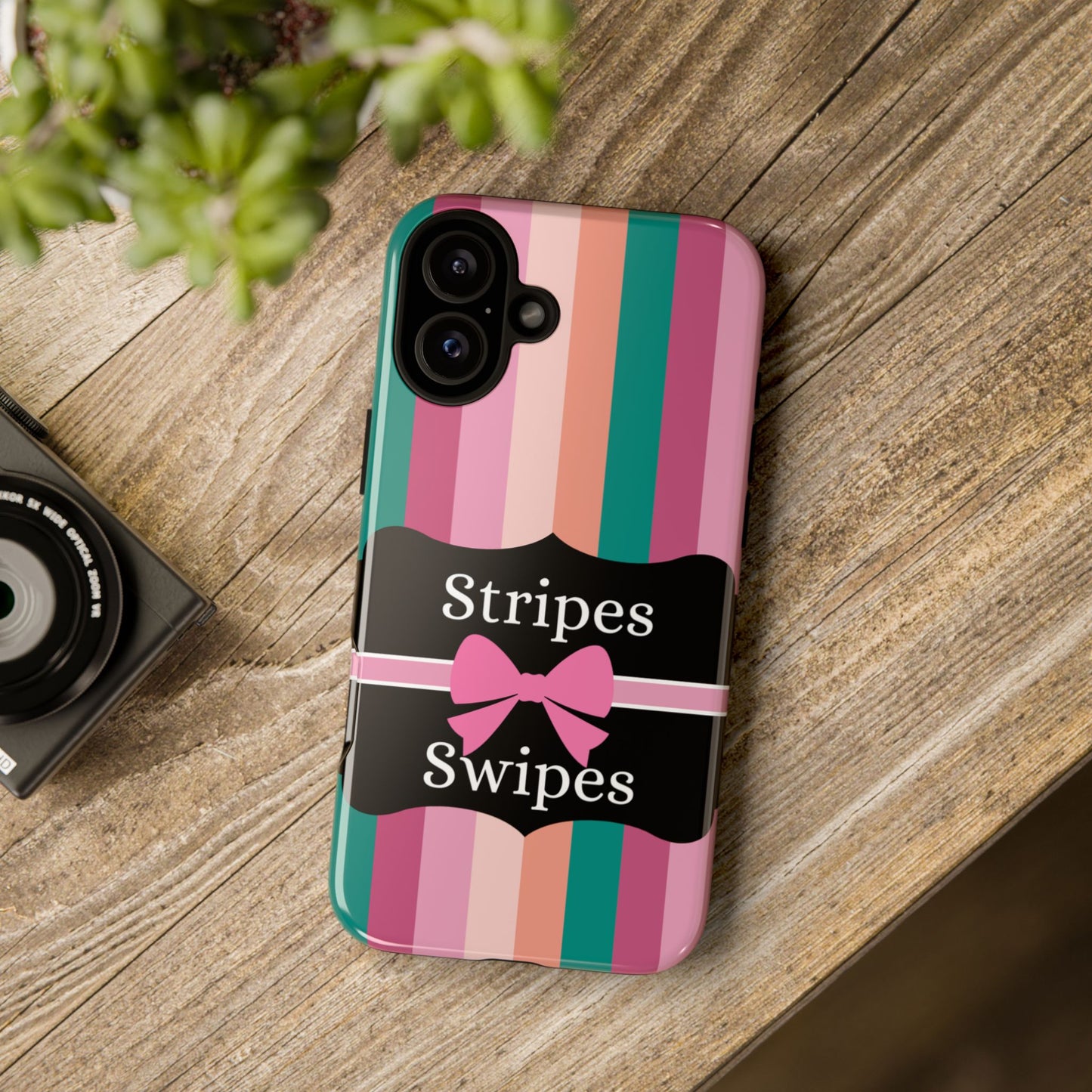 Phone Case iPhone 16/15/14 - Green/Pink/Peach Stripes & Swipes Tough Case