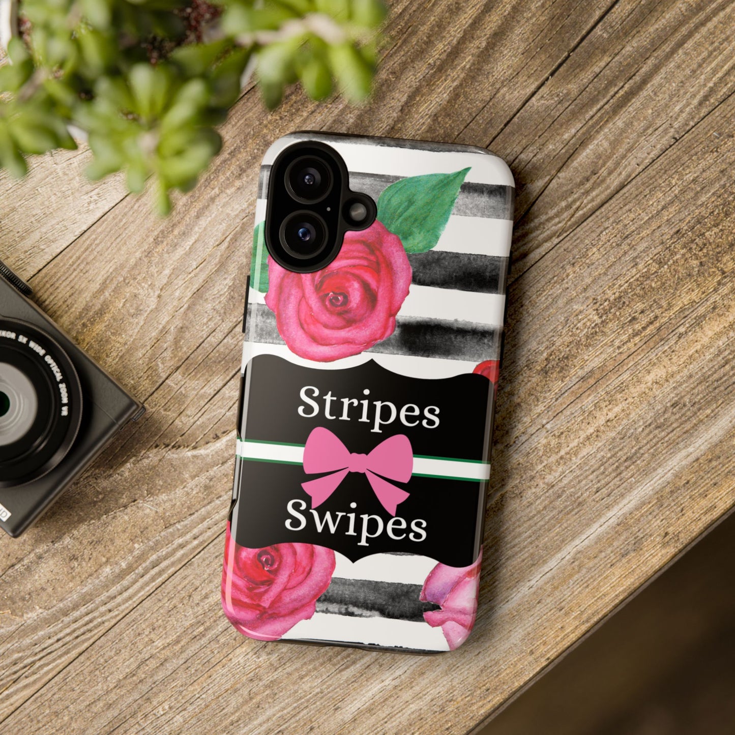 Phone Case iPhone 16/15/14 - Black/White Rose Stripes & Swipes Tough Case