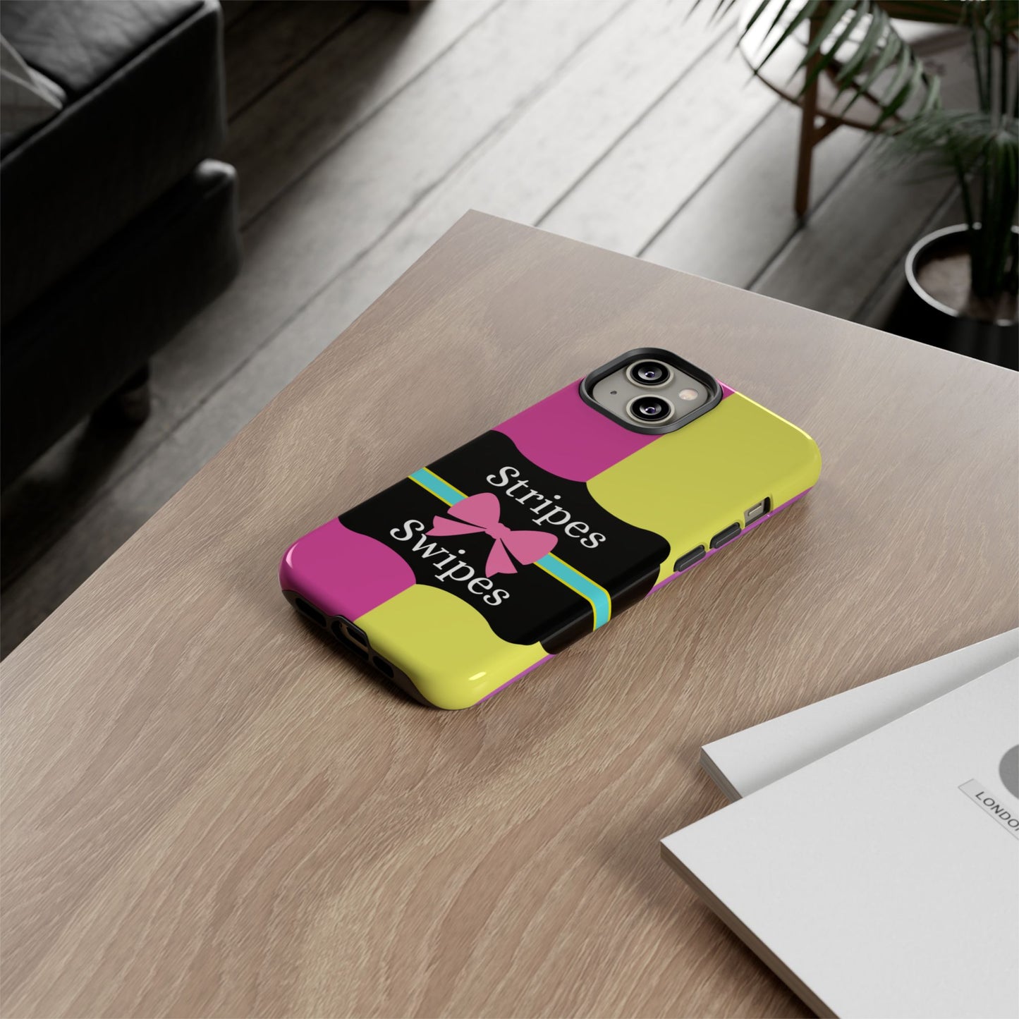 Phone Case iPhone 16/15/14 - Pink/Yellow Stripes & Swipes Tough Case