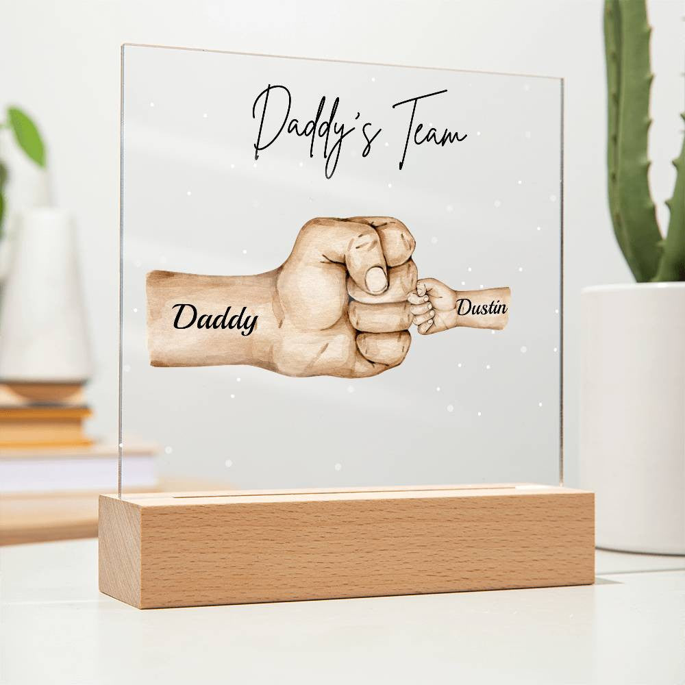 Personalized Daddy's Team Square Acrylic Plaque with Wooden Base or LED Light