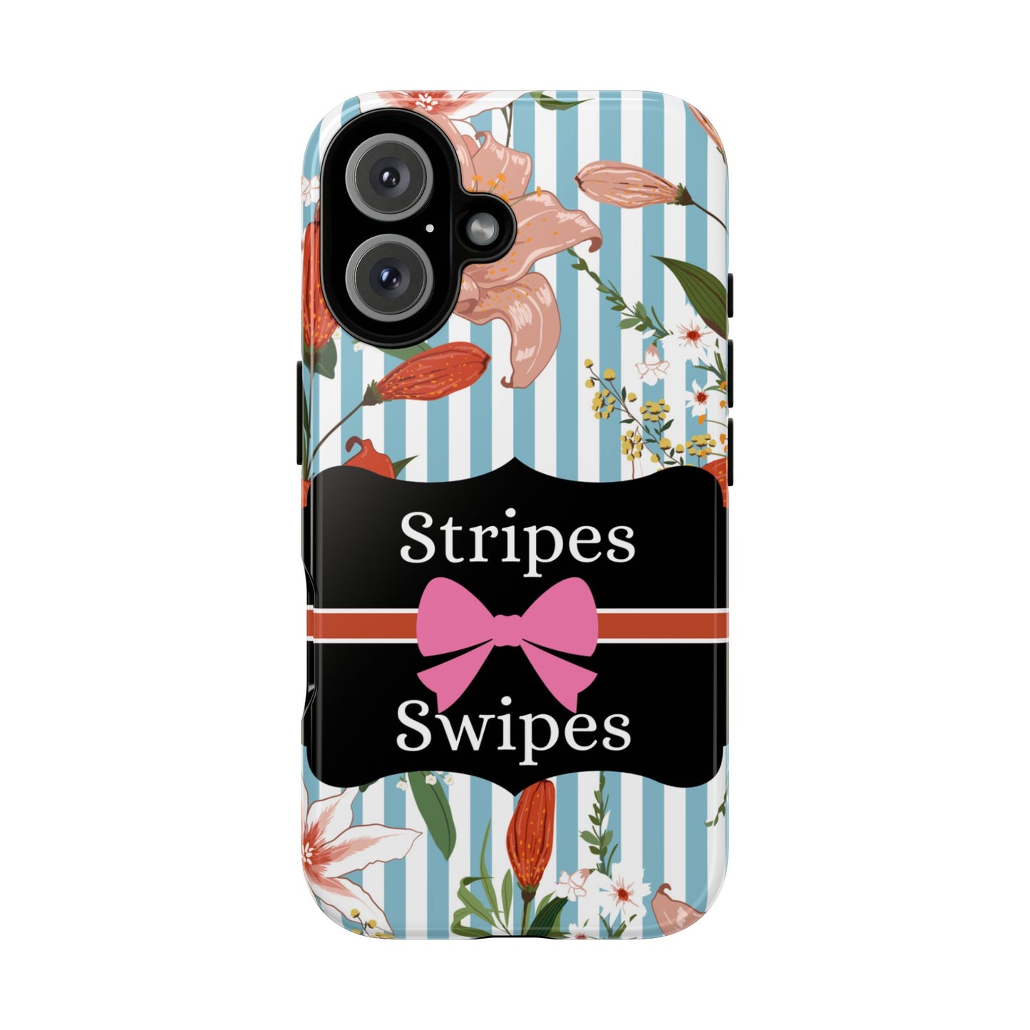 Phone Case iPhone 16/15/14 - Blue/White Flowers Stripes & Swipes Tough Case