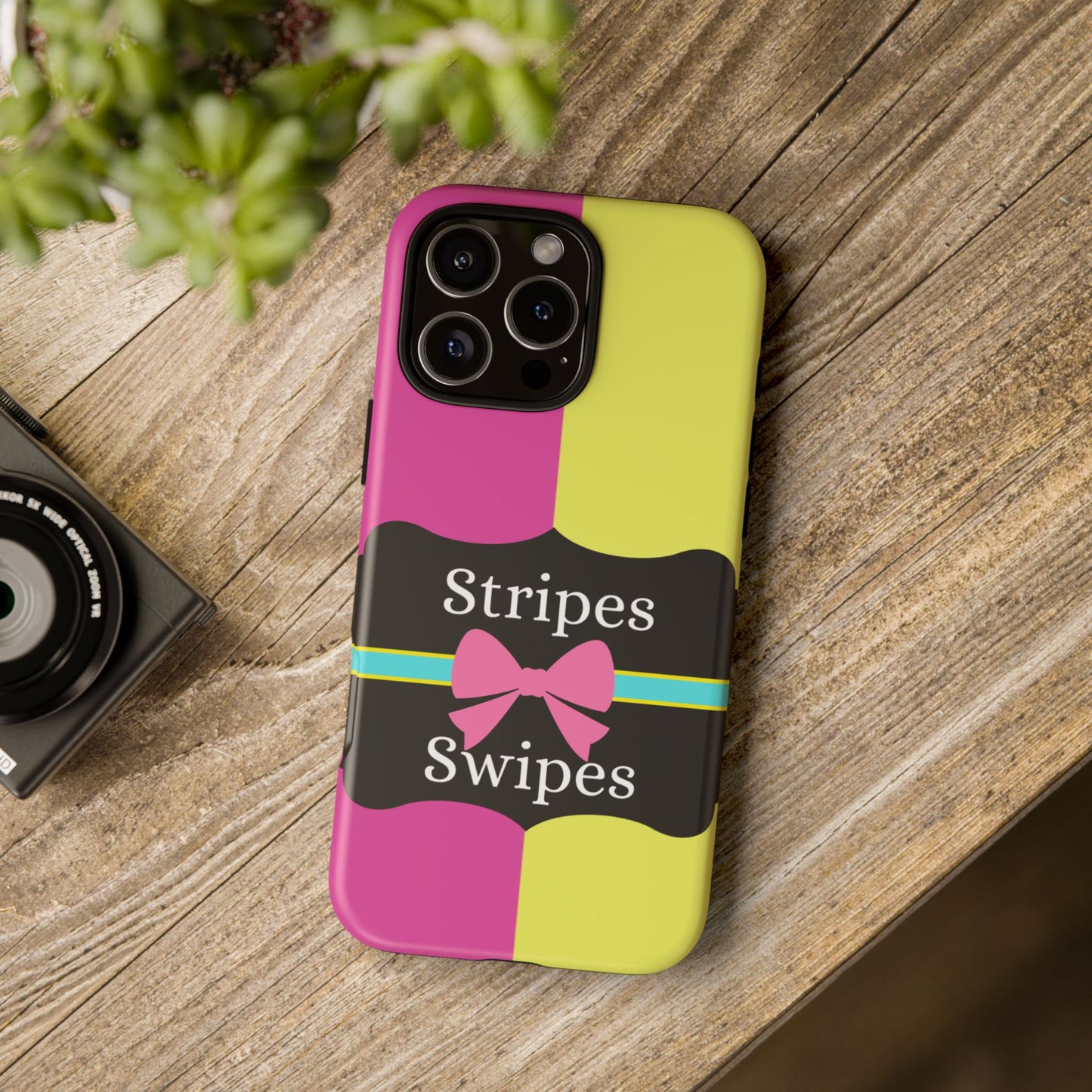 Phone Case iPhone 16/15/14 - Pink/Yellow Stripes & Swipes Tough Case