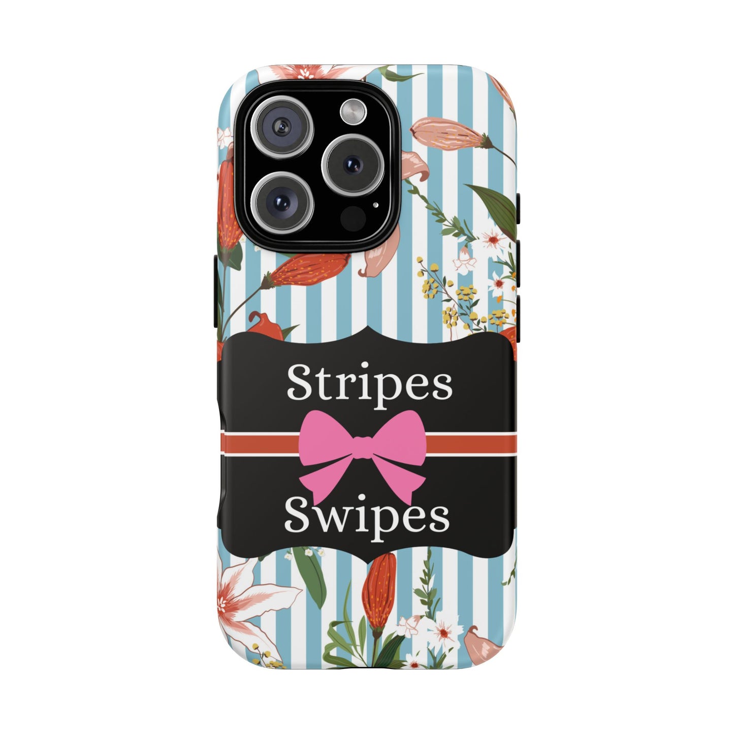 Phone Case iPhone 16/15/14 - Blue/White Flowers Stripes & Swipes Tough Case