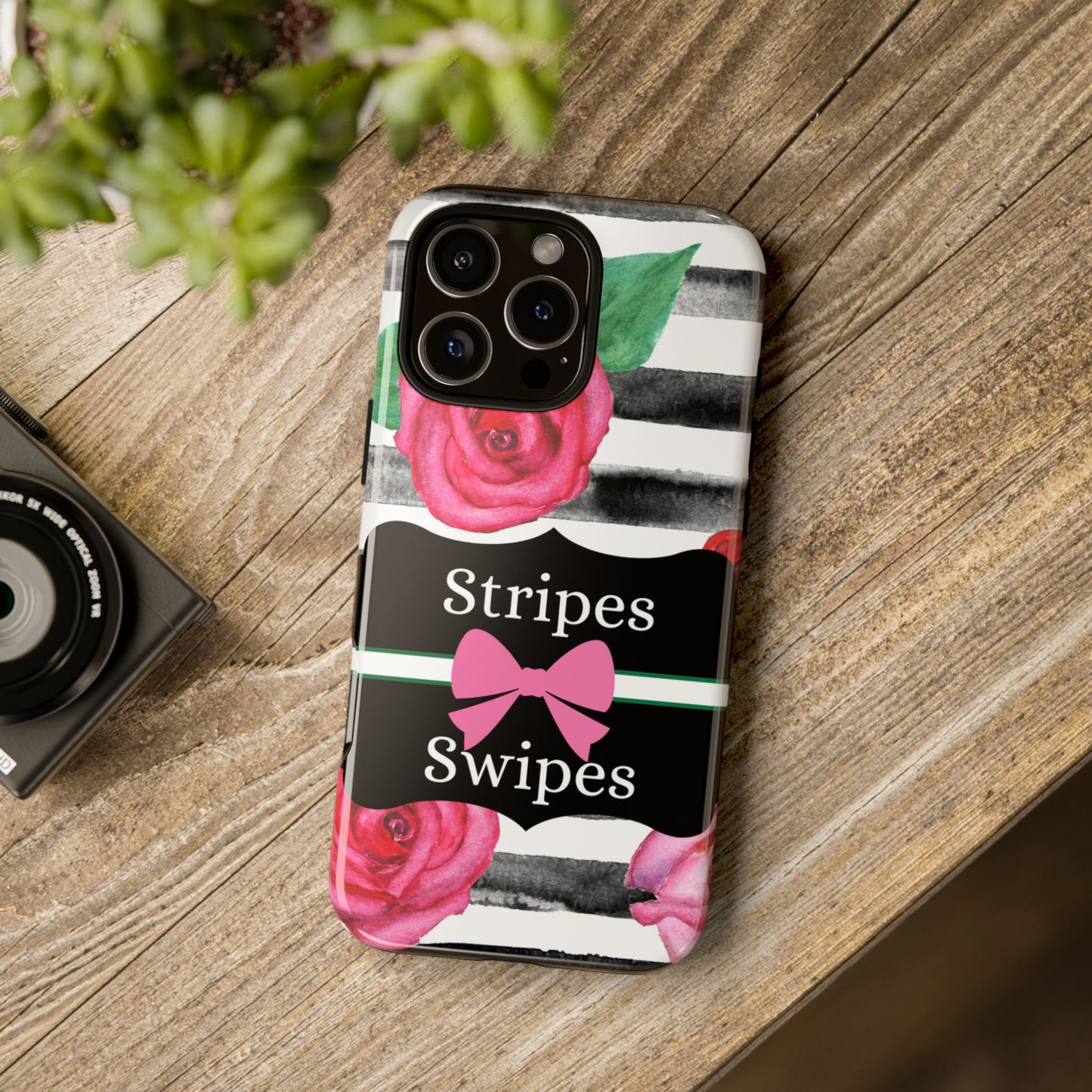 Phone Case iPhone 16/15/14 - Black/White Rose Stripes & Swipes Tough Case