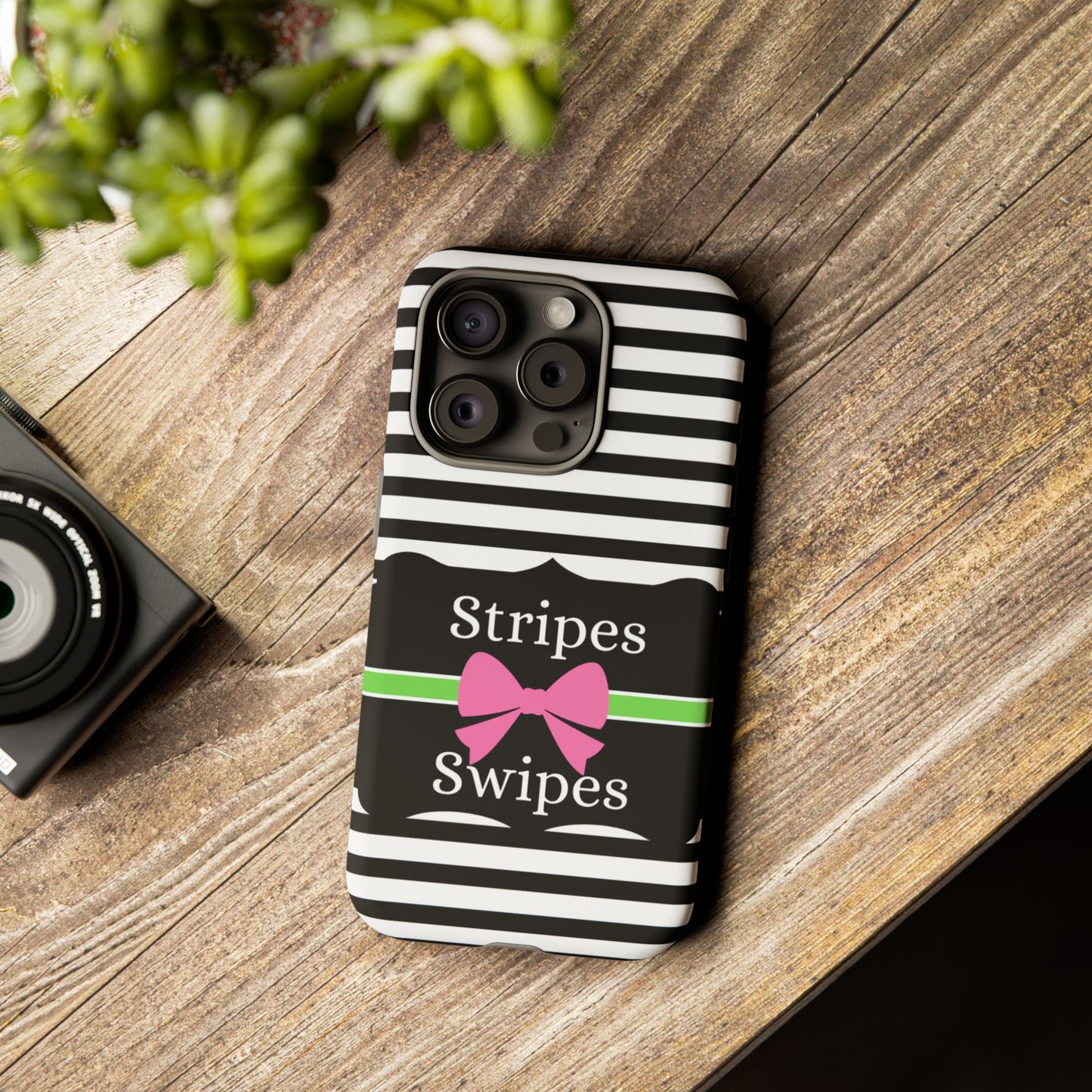 Phone Case iPhone 16/15/14 - Black/White/Green Stripes & Swipes Tough Case