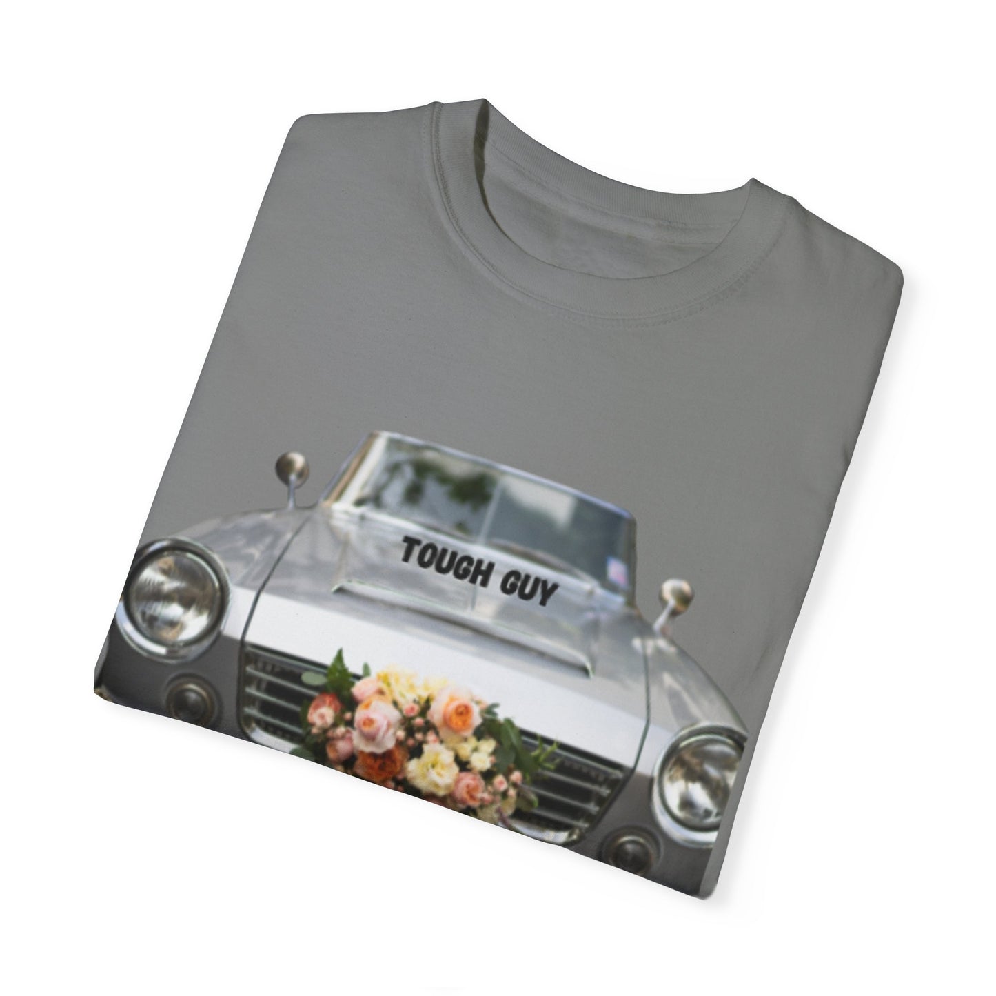 Men's T-Shirt Tough Guy Car with Just Married Flowers Design