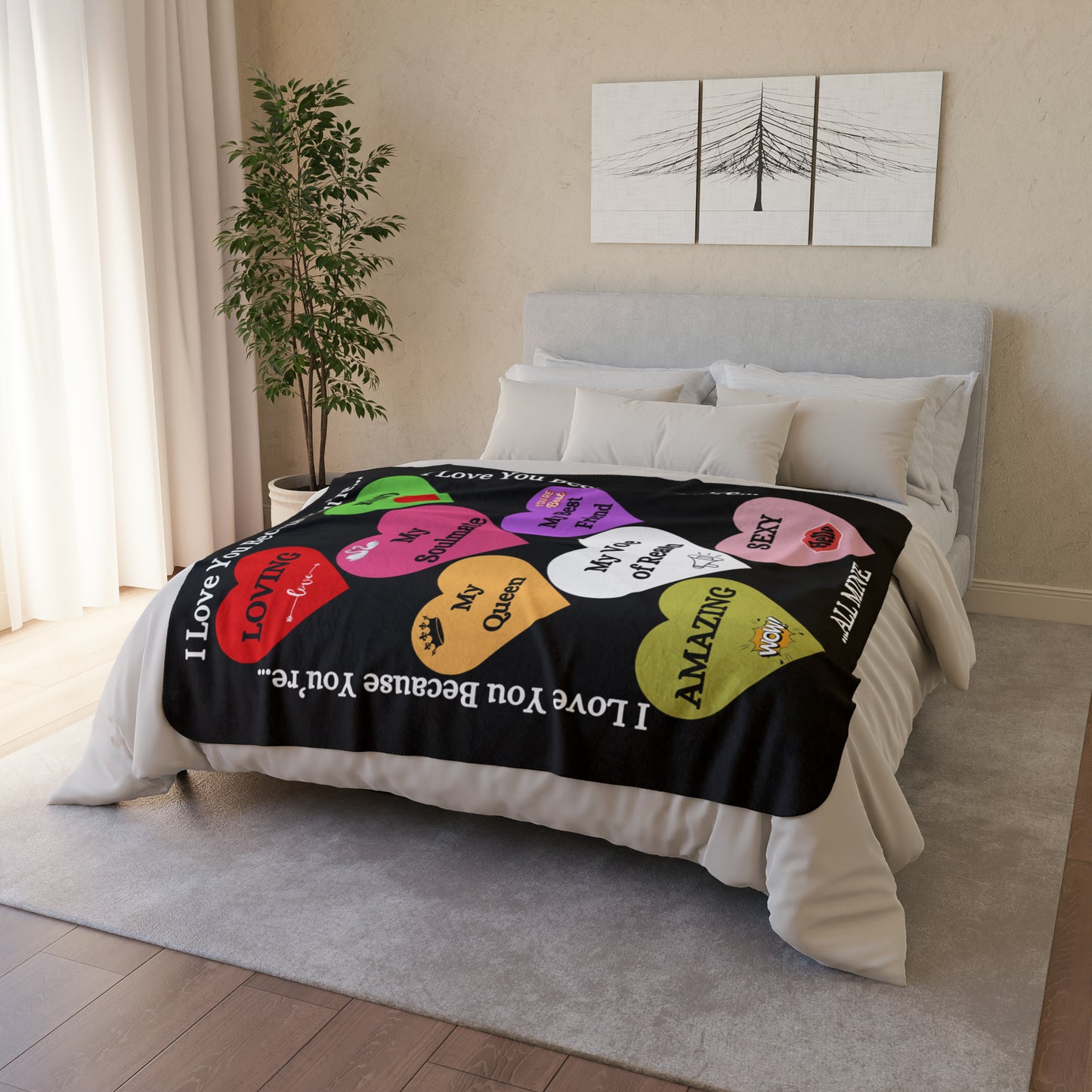 I Love You Because Fleece Sherpa Blanket of Hearts - Black 50x60