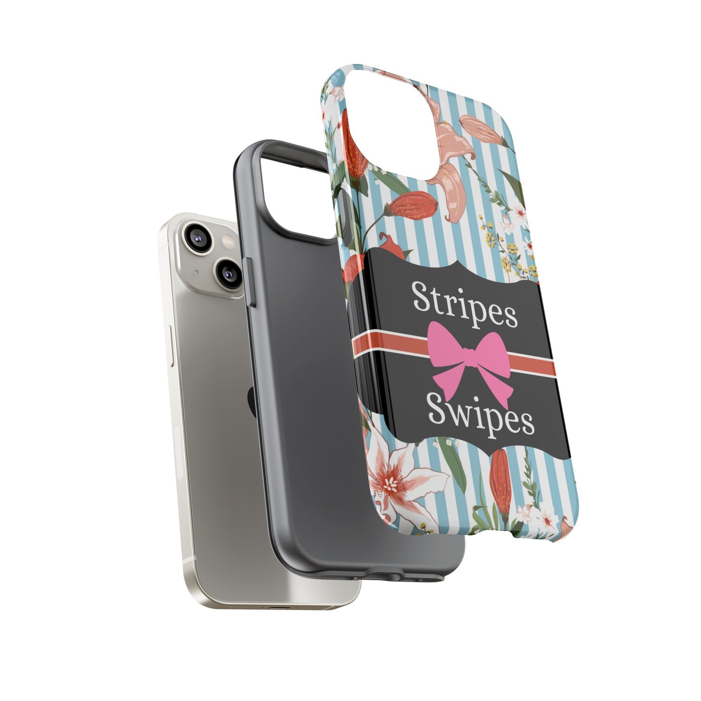 Phone Case iPhone 16/15/14 - Blue/White Flowers Stripes & Swipes Tough Case