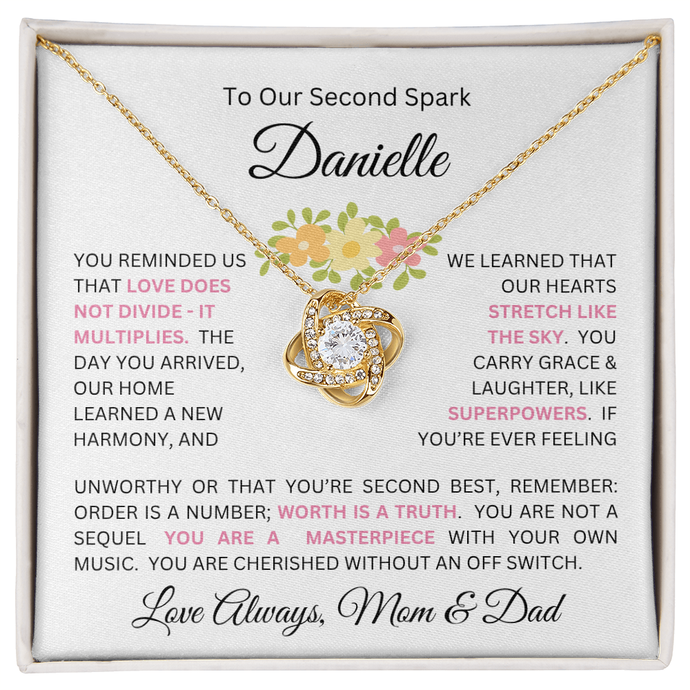 To Our Daughter(s) — Beautiful Love Knot Necklace & PERSONALIZED Heartwarming Message from Mom & Dad (Only, First-Born, Second, Third, Fourth, Fifth, or Twins)