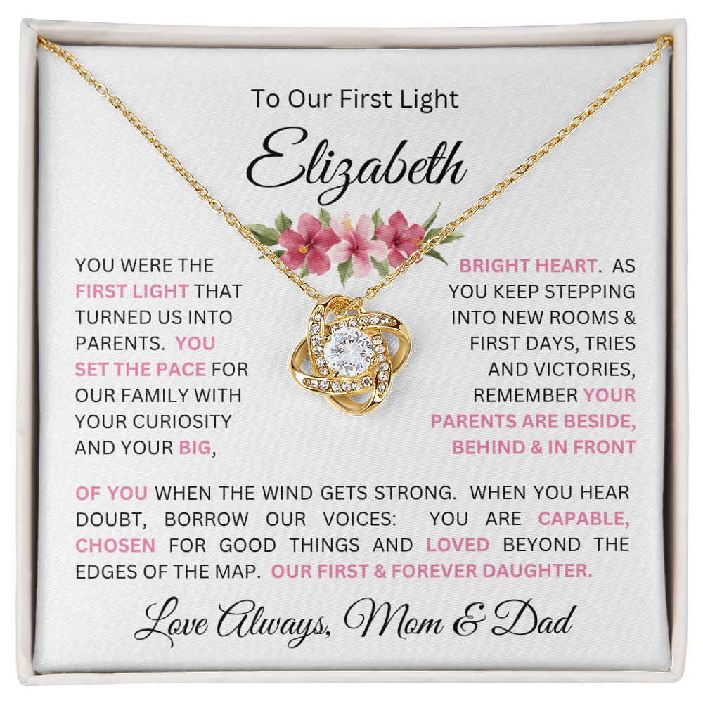 To Our Daughter(s) — Beautiful Love Knot Necklace & PERSONALIZED Heartwarming Message from Mom & Dad (Only, First-Born, Second, Third, Fourth, Fifth, or Twins)