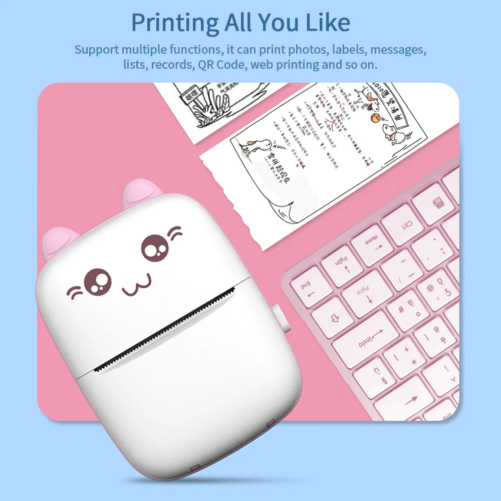 Mini 58mm Portable Thermal Printer Cat Shapes Wireless Photo Label Memo Wrong Question Printing With USB Cable Portable Printer