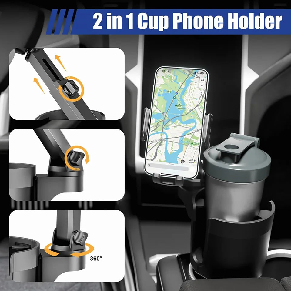 Car Cup Holder Expander with Mobile Phone Mount 360 Rotation Cup Holder Telescopic Smartphone Mount Auto Interior Accessories