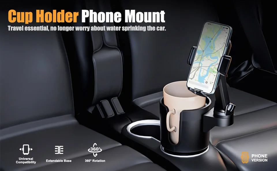 Car Cup Holder Expander with Mobile Phone Mount 360 Rotation Cup Holder Telescopic Smartphone Mount Auto Interior Accessories