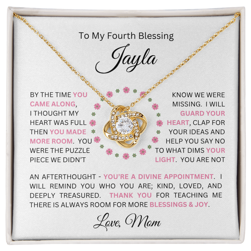 To My Daughter(s) — Beautiful Love Knot Necklace & PERSONALIZED Heartwarming Message from Mom (Only, First-Born, Second, Third, Fourth, Fifth, or Twins)