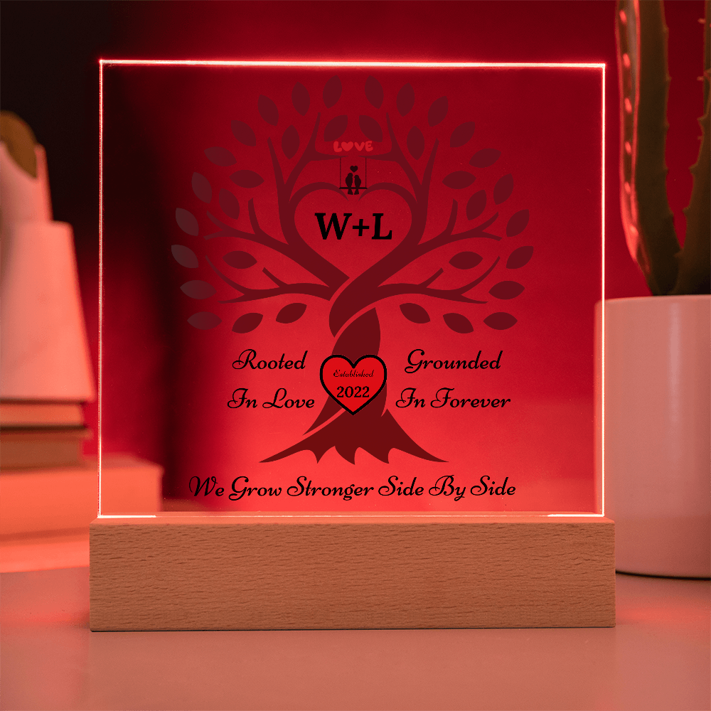 Personalized Love Birds “Rooted in Love” Tree Couple Night Light – Custom Initials & Year on Wood-Base Acrylic Lamp