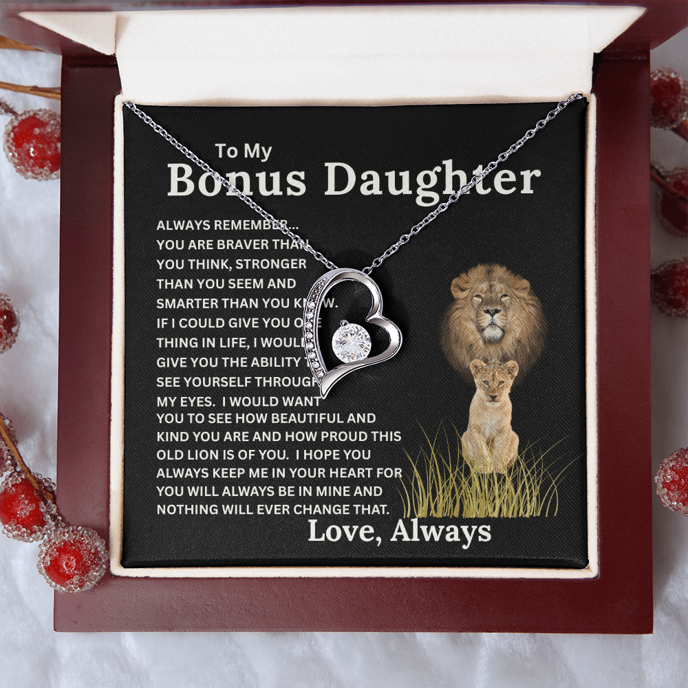 Bonus Daughter Forever Love Necklace with Sentimental Message Card Gift from Bonus Dad to Stepdaughter