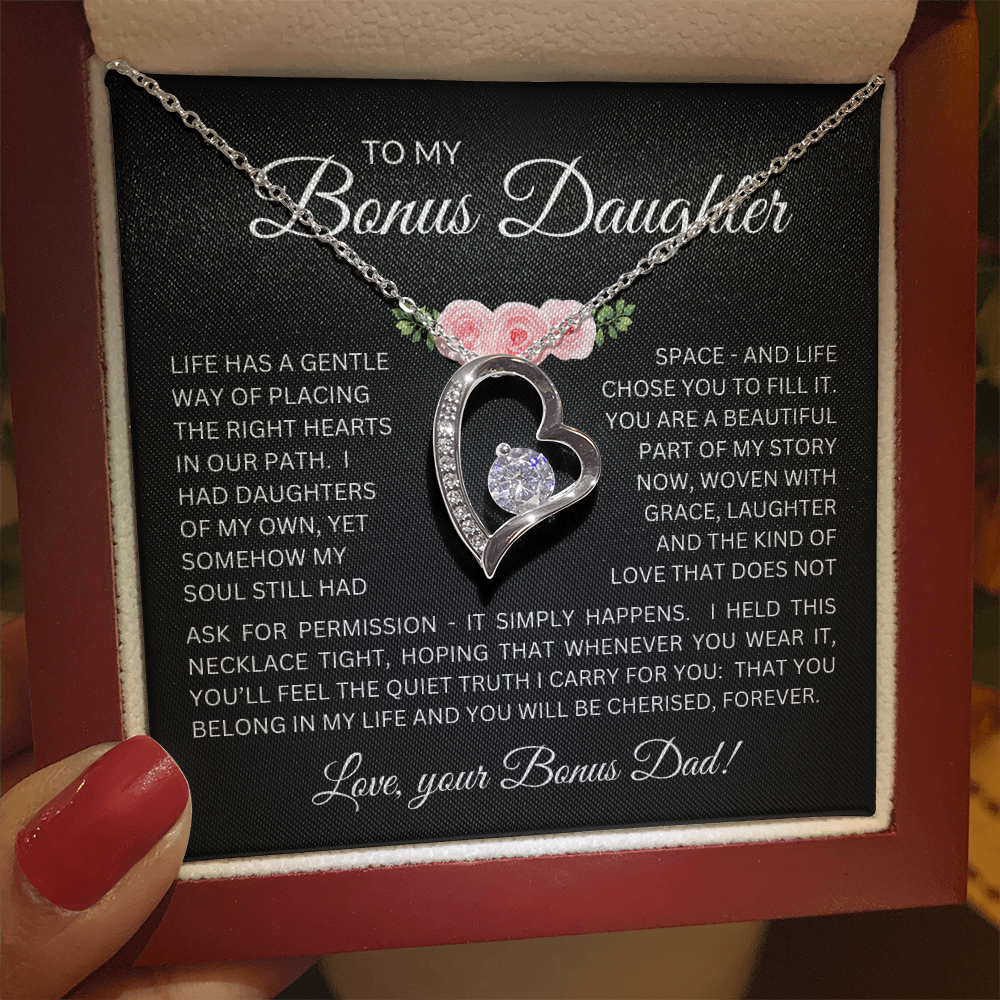 Bonus Daughter Forever Love Necklace from Bonus Dad – Poetic Message Card Gift for Stepdaughter