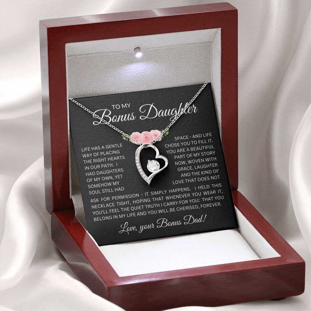 Bonus Daughter Forever Love Necklace from Bonus Dad – Poetic Message Card Gift for Stepdaughter