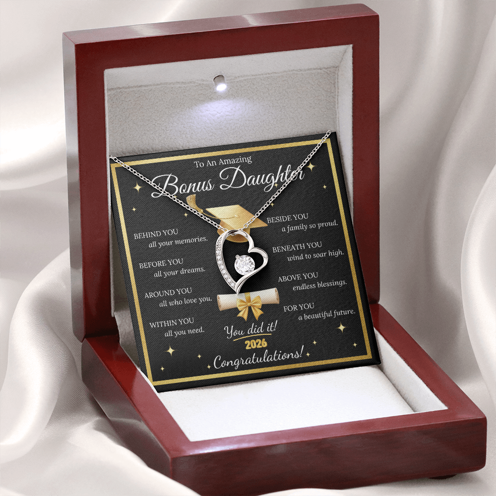 Graduation Gift for Bonus Daughter – Forever Love Necklace with Message Card | Class of 2026 Keepsake