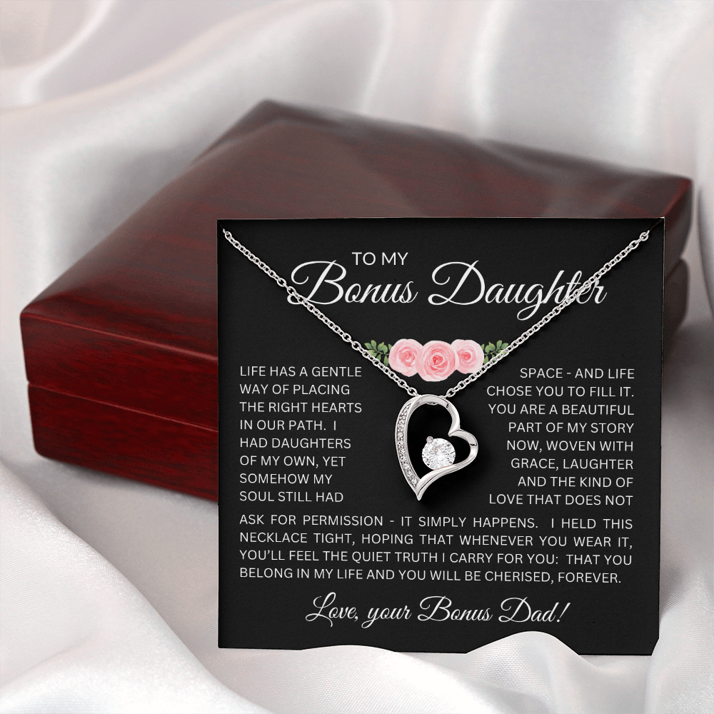 Bonus Daughter Forever Love Necklace from Bonus Dad – Poetic Message Card Gift for Stepdaughter
