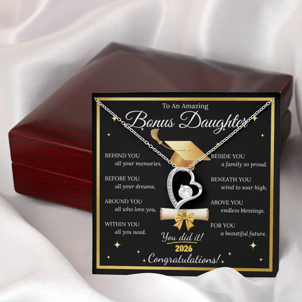 Graduation Gift for Bonus Daughter – Forever Love Necklace with Message Card | Class of 2026 Keepsake