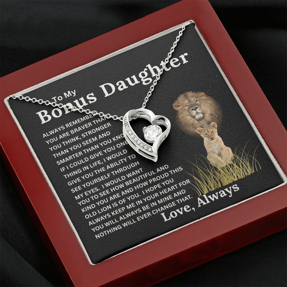 Bonus Daughter Forever Love Necklace with Sentimental Message Card Gift from Bonus Dad to Stepdaughter
