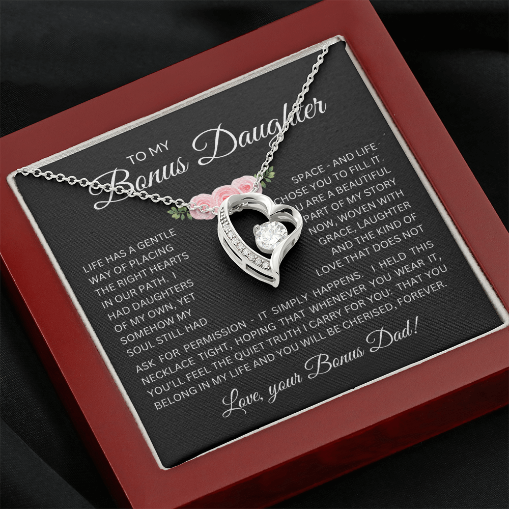 Bonus Daughter Forever Love Necklace from Bonus Dad – Poetic Message Card Gift for Stepdaughter