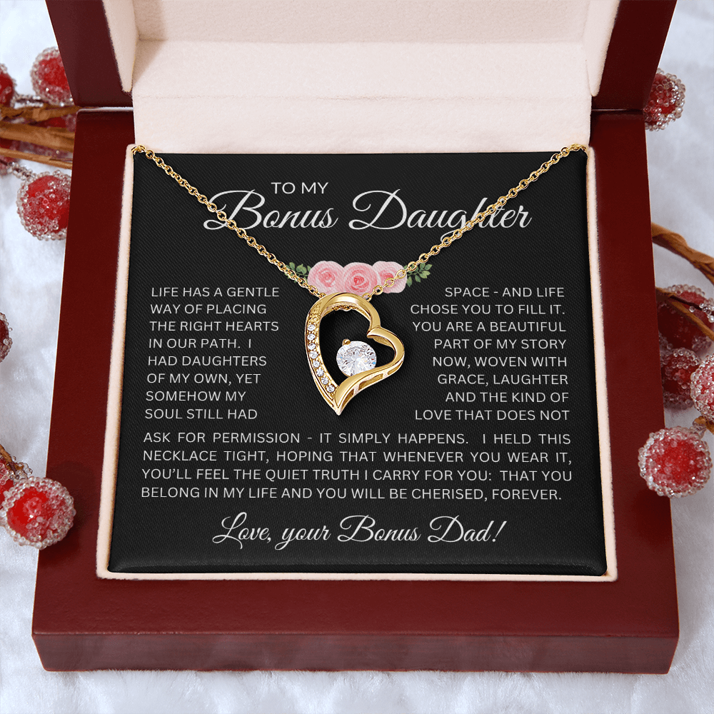 Bonus Daughter Forever Love Necklace from Bonus Dad – Poetic Message Card Gift for Stepdaughter