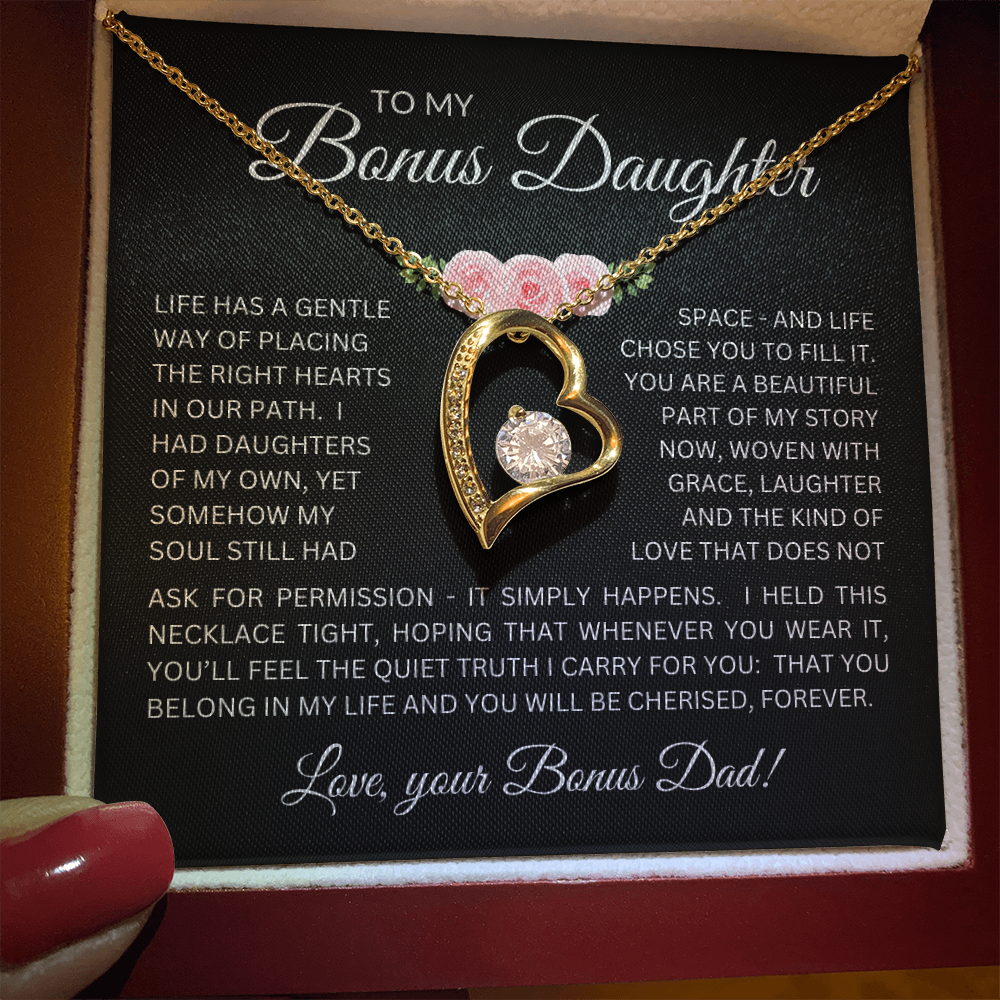 Bonus Daughter Forever Love Necklace from Bonus Dad – Poetic Message Card Gift for Stepdaughter