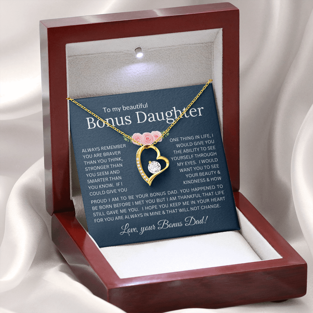 Forever Love Necklace Infinite Love for Bonus Daughter Gift with Heartfelt Message from Bonus Dad to Stepdaughter