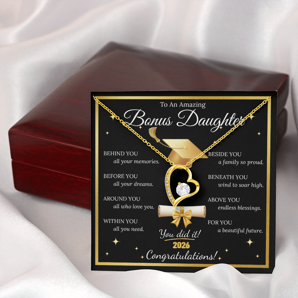 Graduation Gift for Bonus Daughter – Forever Love Necklace with Message Card | Class of 2026 Keepsake