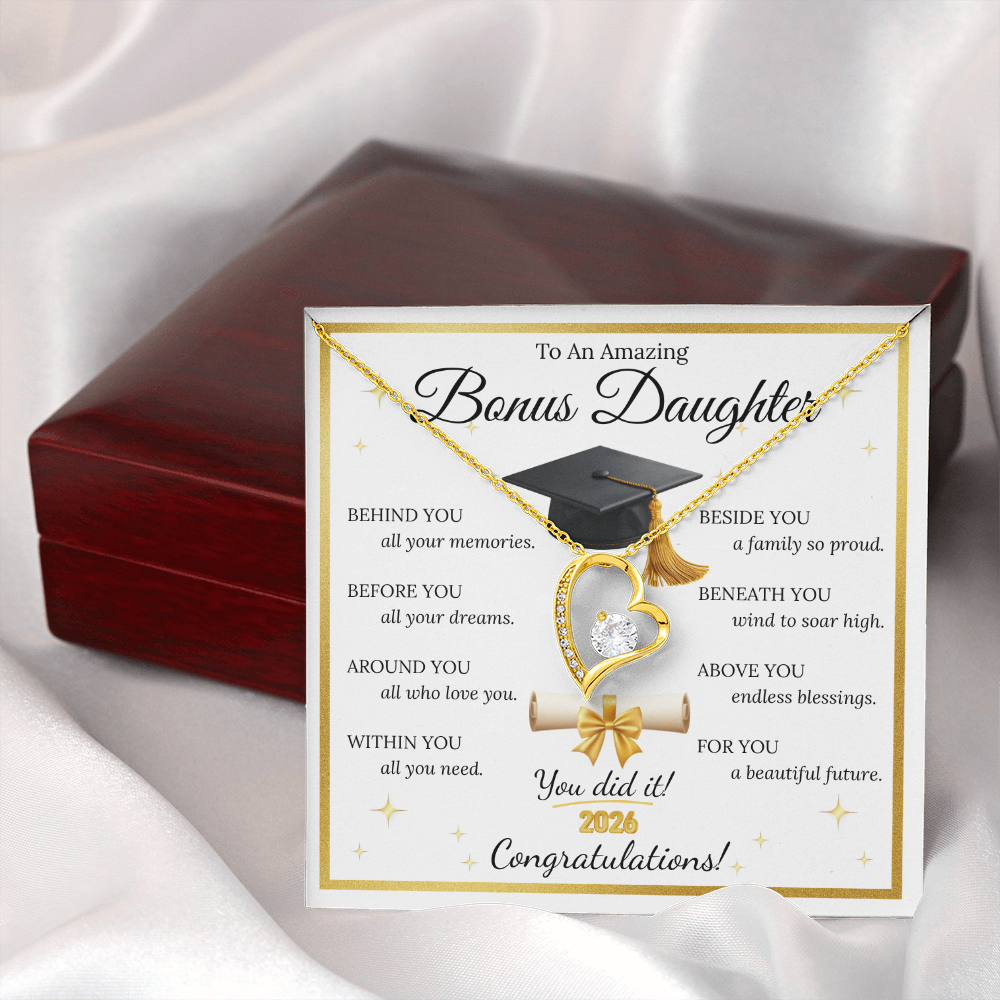 Graduation Gift for Bonus Daughter – Forever Love Necklace with Message Card | Class of 2026 Keepsake