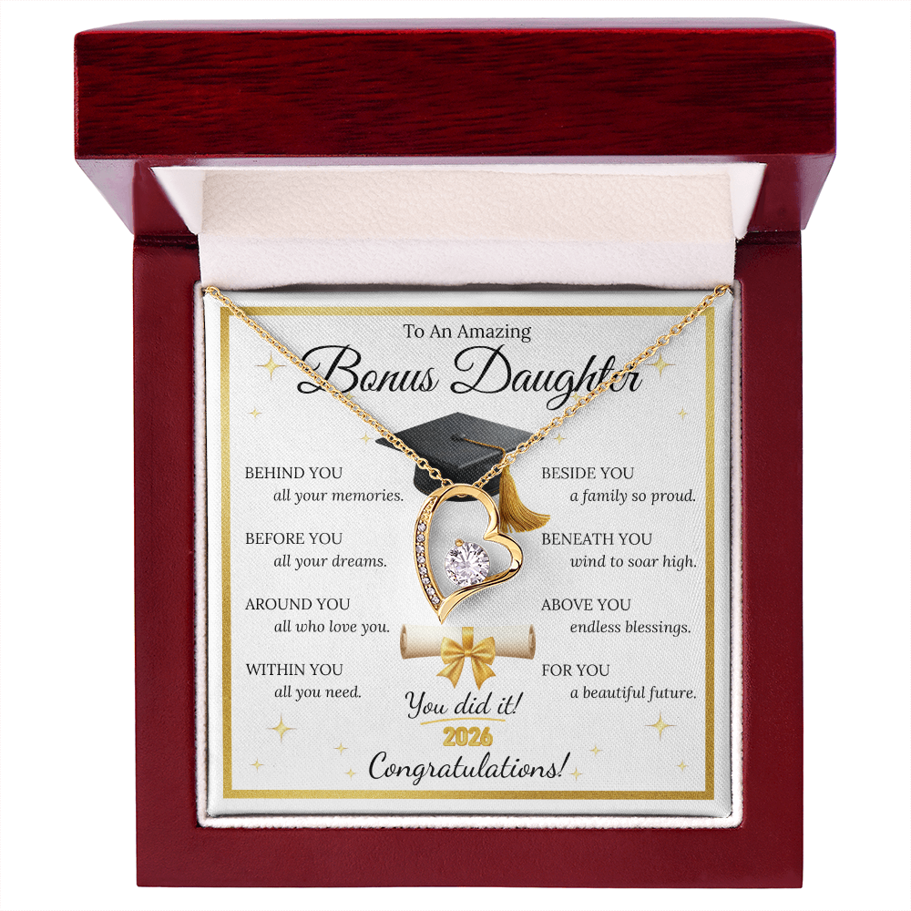 Graduation Gift for Bonus Daughter – Forever Love Necklace with Message Card | Class of 2026 Keepsake