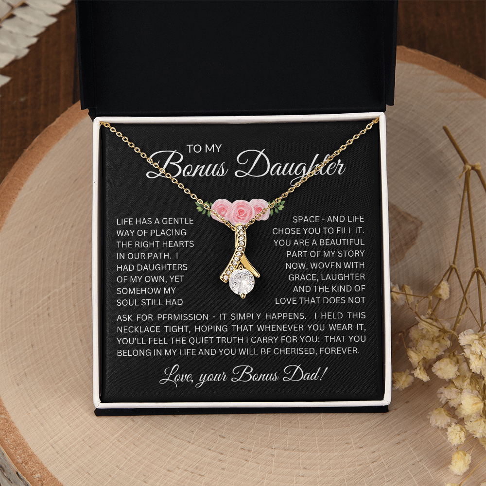 Bonus Daughter Alluring Beauty Necklace from Bonus Dad – Poetic Message Card Gift for Stepdaughter