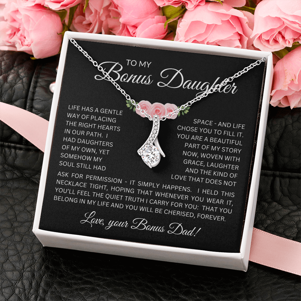 Bonus Daughter Alluring Beauty Necklace from Bonus Dad – Poetic Message Card Gift for Stepdaughter
