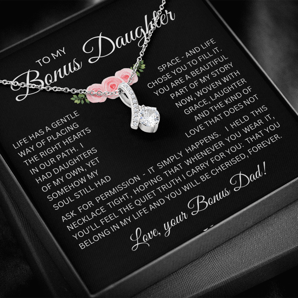 Bonus Daughter Alluring Beauty Necklace from Bonus Dad – Poetic Message Card Gift for Stepdaughter