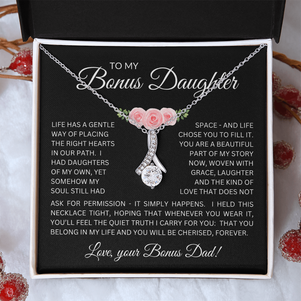 Bonus Daughter Alluring Beauty Necklace from Bonus Dad – Poetic Message Card Gift for Stepdaughter