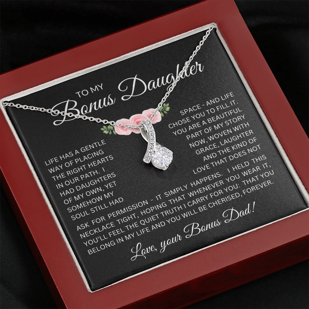 Bonus Daughter Alluring Beauty Necklace from Bonus Dad – Poetic Message Card Gift for Stepdaughter