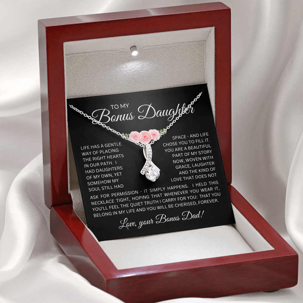 Bonus Daughter Alluring Beauty Necklace from Bonus Dad – Poetic Message Card Gift for Stepdaughter